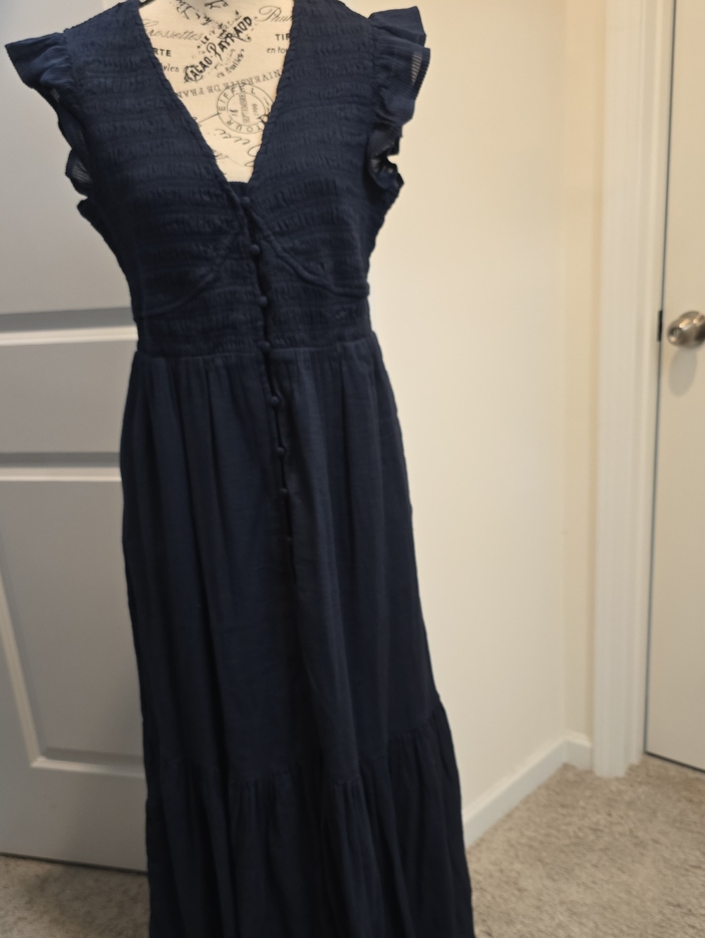 Quince Navy Button-Front Ruffle Sleeve Maxi Dress
